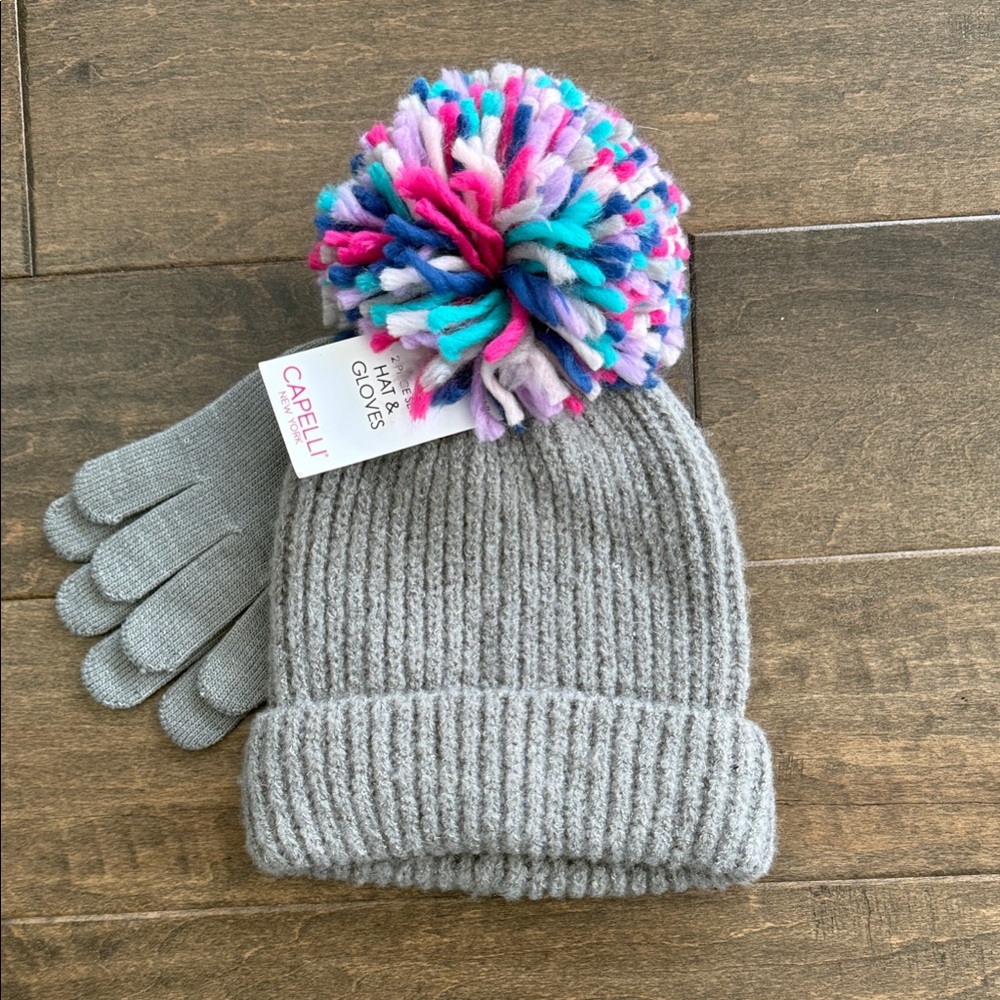 Capelli of New York Gray Knit Hat with Colorful Pom-Pom and matching gloves